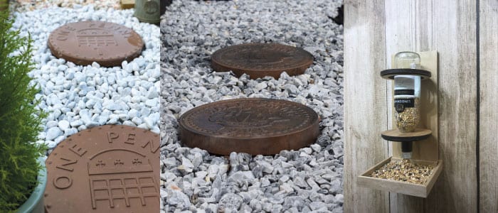 Decorative Garden Products - Penny Stepping Stone, Half Penny Stepping Stone & Wine Bottle Bird Feeder