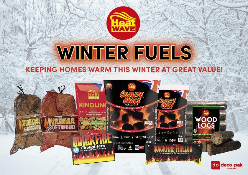 year round winter fuels . Hardwood, softwood, kindling, firelighters, coal and wood logs on a winter scene background