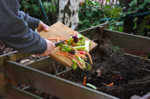 Ecology compost supply - kitchen waste recycling in backyard composter. The man throws leftover vegetables from the cutting board. Environmentally friendly lifestyle.